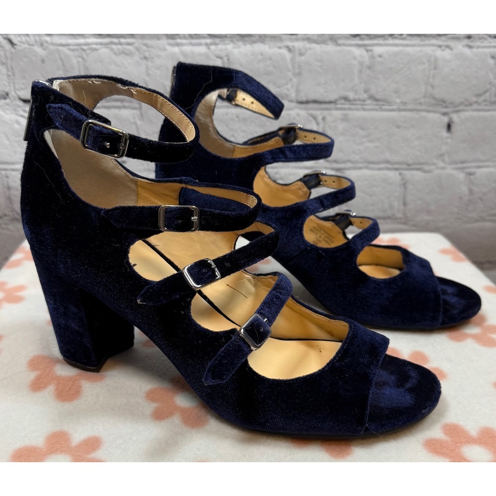 Unisa  Blue Velvet Heels Open‎ Toe Ankle Strap Buckle Block Heel Shoes 7.5